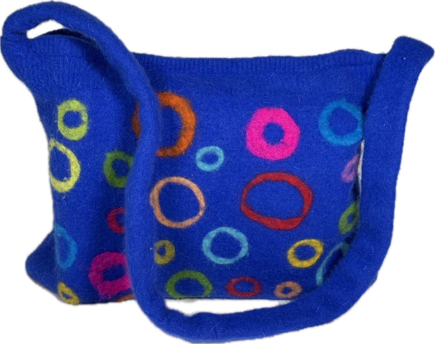 Royal blue purse with colourful circles